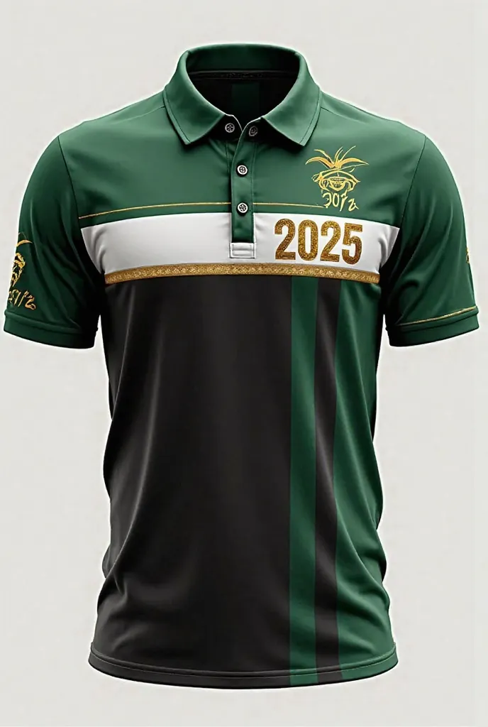 por gentileza crie uma camisa polo na cor preta com uma faixa vertical na lateral no lado esquerdo, composed of white and green.  Put it on the chest  "pré 2025" in the color gold . On the left side, In the, Put it written "and.and.p.J.m" in the color gold...