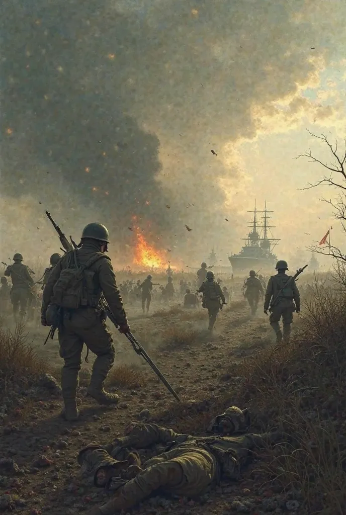 Draw me a battlefield soldiers fighting on one side, soldiers carrying ammunition, dying soldiers helping a friend who was shot, a soldier on horseback, and a leader on the other, enemy troops, and let the weather be gloomy, let the light float from the sm...