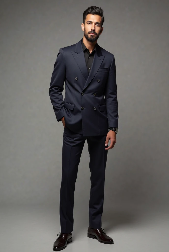 Wear man ofBlack shirt black pant and double breasted navy blue suit