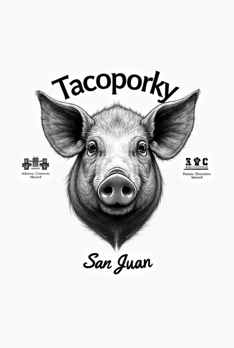 An elegant logo with the word TACOPORKY together with the face of a realistic Mexican pig drawn in black and white as the slogan the word SAN JUAN 