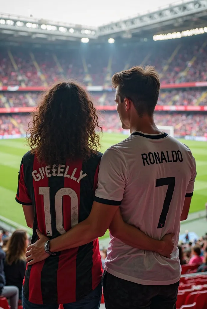 A couple inside the soccer stadium, sexy woman with beautiful curly hair at shoulder length wearing a shirt with black and red stripes with the name GISSELY above the number 10 on the back. Man taller than the woman wearing a white jersey with a collar and...