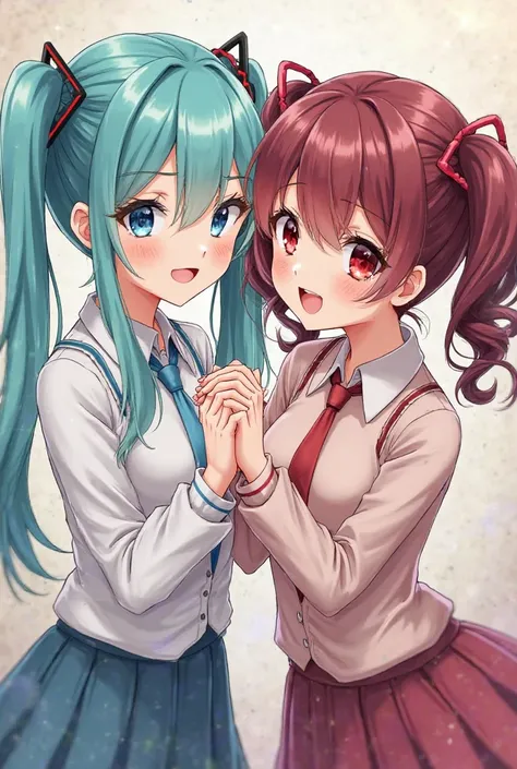 two anime girls holding hands smiling and close to eachother looking at the camera, upper body, anime style, detailed,the first girl has turquoise hair in two long pigtails and the other one has dark red hair with curly pig tails, both with blue and red ey...