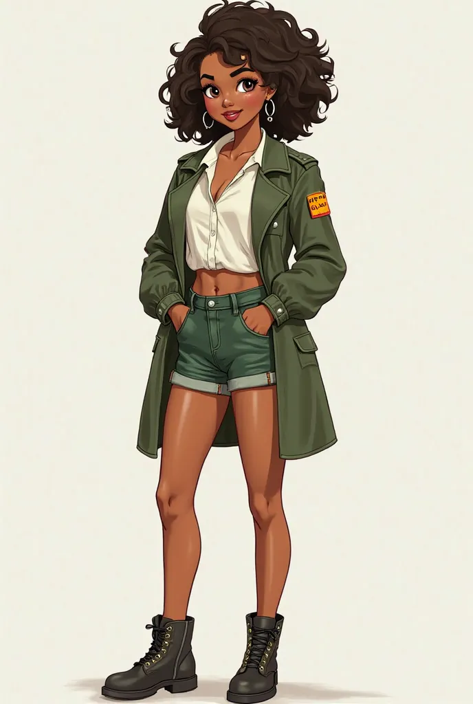 Create an image similar to the image above with the following information:

1- She must have brown eyes; 
2- her clothes are: Green coat with a short white blouse; green knee-length denim shorts;
3- Your clothes are similar to that of an army and on the sh...