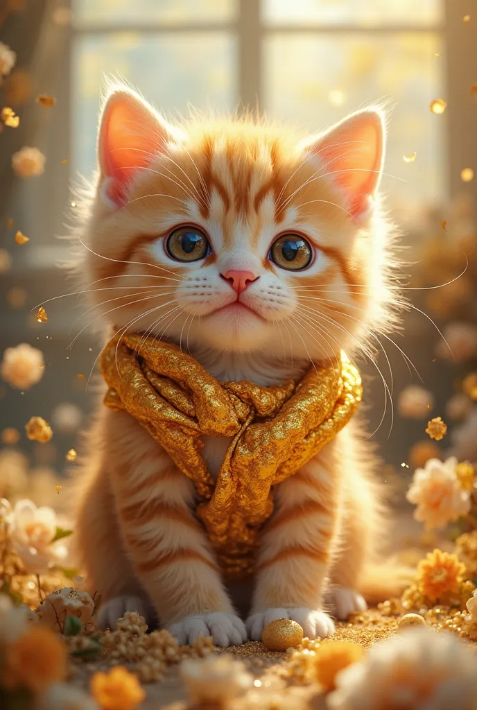 A cute kitten with a cute background And dressed in gold that is very cute 
