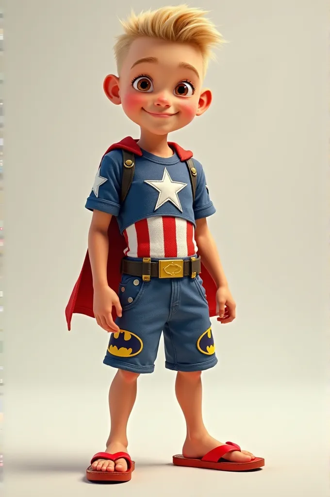 A blond boy with shaved hair and brown eyes, wearing Captain America's jersey, Batman shorts and red Pixar-style flip flops