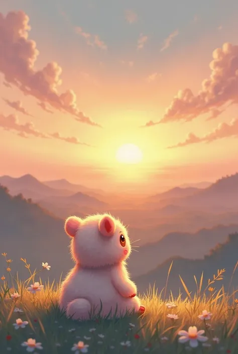 Create a drawing of a cute  with his back looking at the horizon at sunset