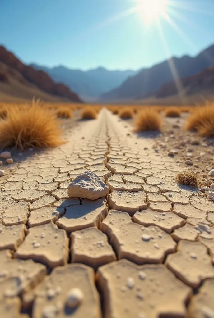 "Ultra-realistic miniature model of Death Valley, California, featuring the famous Racetrack Playa with the moving rocks. Use tilt-shift effect and shallow depth of field to make the scene appear as a tiny, detailed diorama. The arid desert landscape stret...