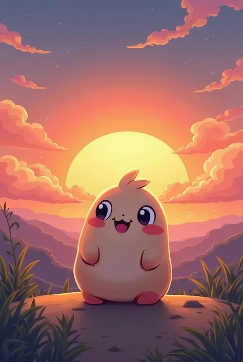 Create a cartoon of a cute  with his back looking at the horizon at sunset
