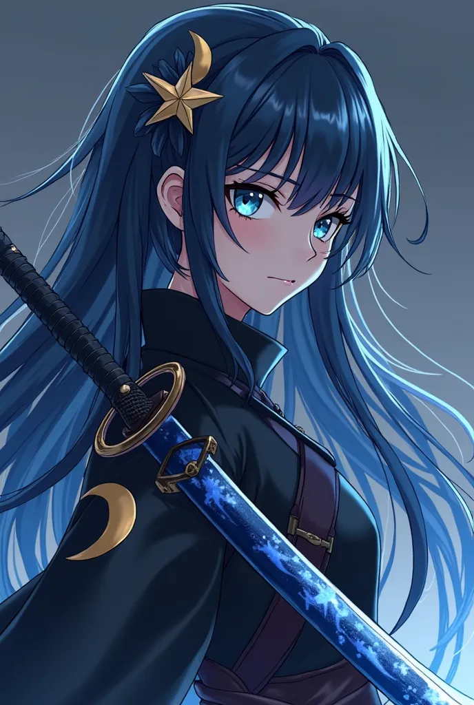 A girl with a mysterious look, of long dark blue hair, with a fringe and a star clip. She wears an oni hunter's uniform ( como do anime Demon Slayer), she wields a blue katana sword with a moon and stars design on the metal blade,Your cape is black with an...