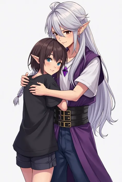  Girl in an oversized black t-shirt  ,  wide black shorts , hair under a dark brown hair color  , Blue eyes. She's shorter than the guy , She , Elf Boy hugs Elf Boy, with long white hair, ,  front hair is braided, and the back hair is in a ponytail. He is ...