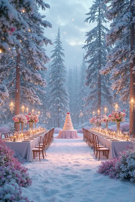 A beautiful place with flowers but also full of snow, must be decorated with hanging lights that illuminate the place, There must be tables and a banquet and wedding cake ((without people))