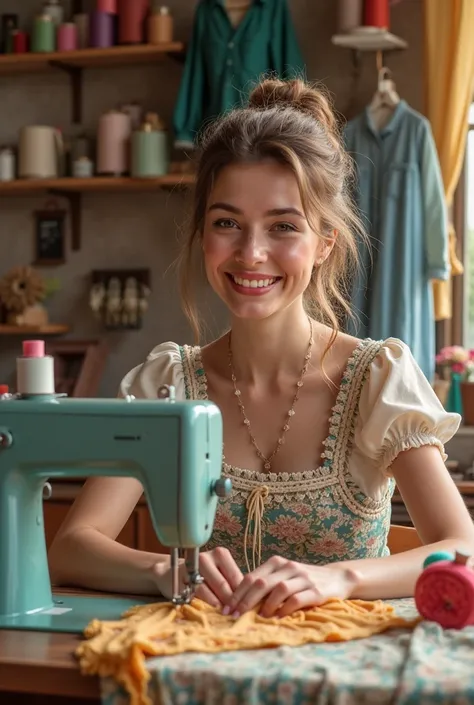 Sewing machine with happy seamstress for Instagram profile 