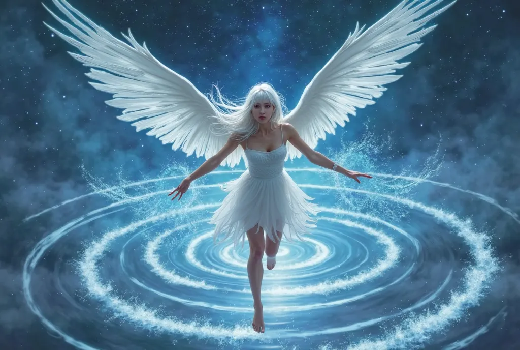 A realistic mature asian fae with huge and long light blue feather wings and long white hair, Parted Bangs, wearing a white short dress. She is flying over a night sky creating water circles with her magic hand