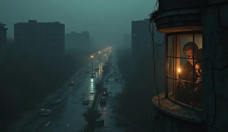 "An abandoned city completely consumed by an unnatural, impenetrable darkness. The skyline is barely visible, with towering buildings fading into the void. The streets are silent, littered with abandoned cars and motionless bodies twisted in eerie position...