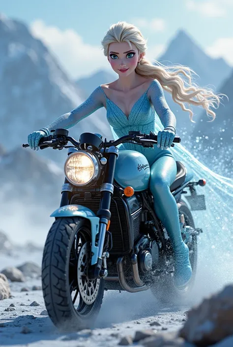 Elsa from Frozen on a Kawasaki motorcycle 