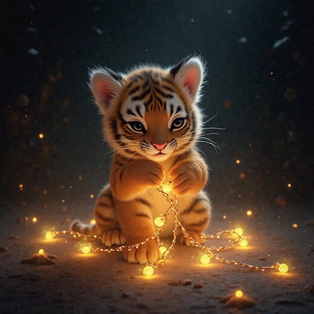 glowing garland,  on a dark background , a tiger cub is entangled in her