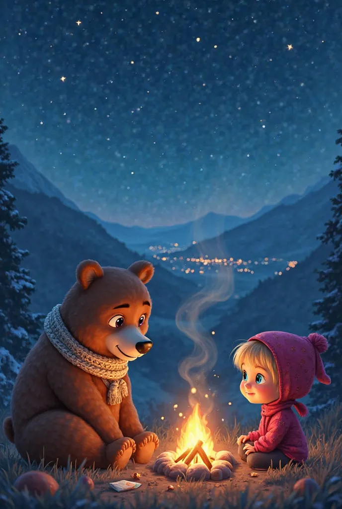 Starry night sky, Masha and Bear camping on the mountain, Manisa city lights glowing below, a small campfire with marshmallows, Bear wearing a cozy scarf.