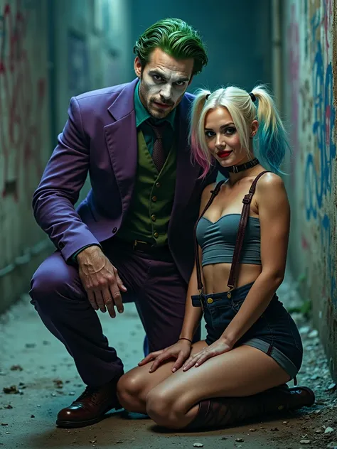 
*"Harley Quinn is kneeling in front of the Joker,  both looking directly at the camera . Harley has a bold and playful look,  with a slight smile on her lips , while the Joker maintains a confident and domineering expression. He's an incredibly attractive...