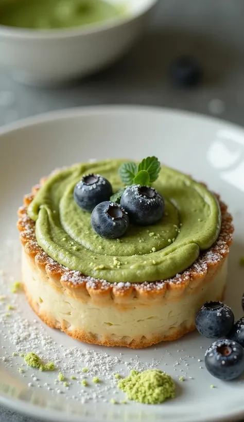 Hgraphic elements, Dynamic Light, Cinematics, HDR, UHD, professional PHOTOGRAPH OF:

Elegant Presentation
"Visualize a beautifully crafted Matcha Puff Tart elegantly displayed on a minimalist white plate. The tart should be perfectly baked with a golden-br...