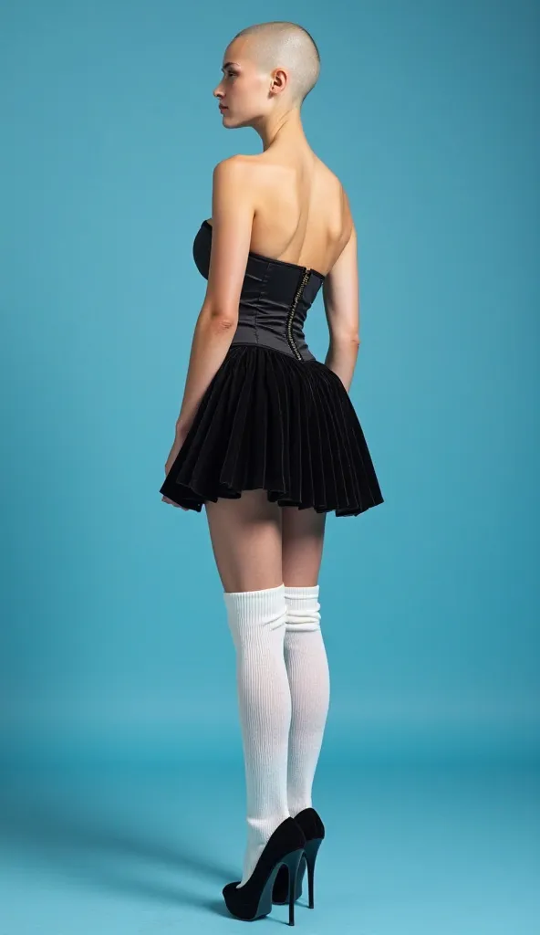 Young white girl standing in a blue studio. she is wearing a black corset and a black velvet accordin miniskirt. she has a bald head, white thick knitted over-the-knee socks and black stilettos heels with high soles. she has wide hips and big breasts. She ...