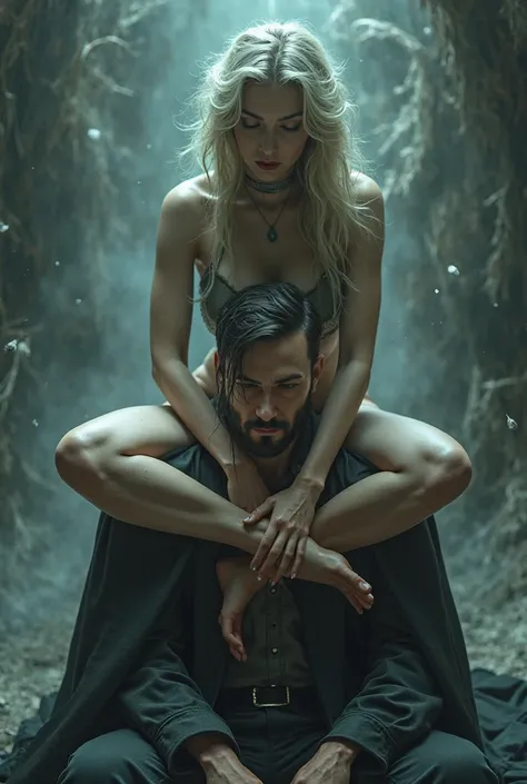 woman sitting on top of a man's shoulders with her legs crossed around her neck, With your hands on a man's head as if he were controlling his mind