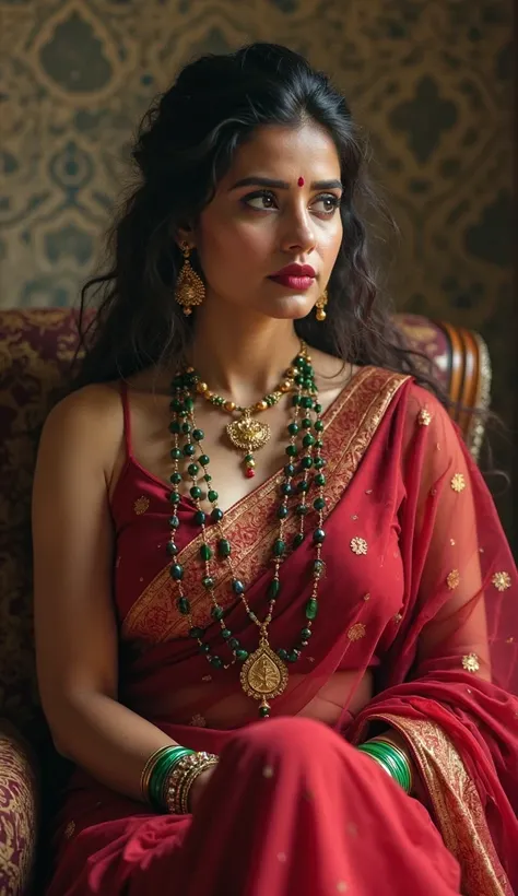 A naughty and curvaceous light neutral skin tone woman in completely sweaty hairs, in a traditional attire, wearing a deep red messed up elegant saree and intricate jewelry glass green bangles and a red small bindi between her eyebrow's lady wearing a thin...