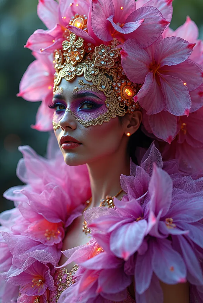 "Carnival costume inspired by tropical orchids, vibrant fuchsia and purple petals, 3D floral textures, layered tulle skirt with gradient colors, golden headpiece with crystals, LED lights on edges, body glitter, elegant mask with painted petals, fantasy ae...