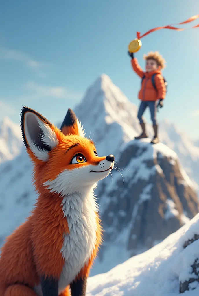 a fox shedding a very happy tear, watching a person climb a mountain with a medal in their hand