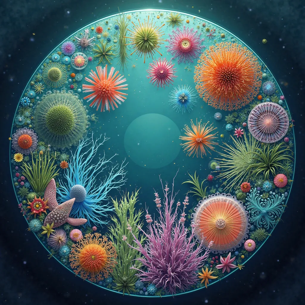 Circular print with various phytoplankton