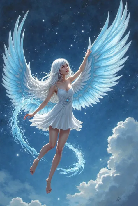 A realistic mature asian fae with huge and long light blue feather wings and long white hair, Parted Bangs, wearing a white short dress. She is flying over a night sky creating water circles with her magic hand