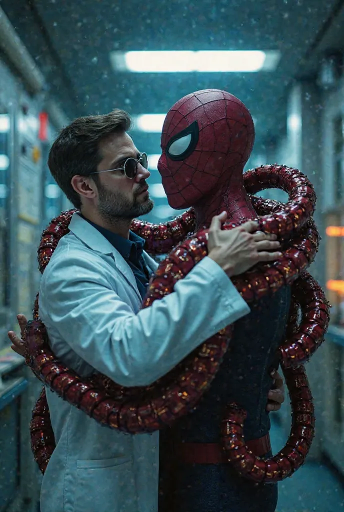 A laboratory with cool lights and technological panels in the background. Doctor Octopus , a man wearing sunglasses and a white coat, wraps Peter Parker with his metallic tentacles that protrude from his back in an embrace. Peter looks uncomfortable but no...