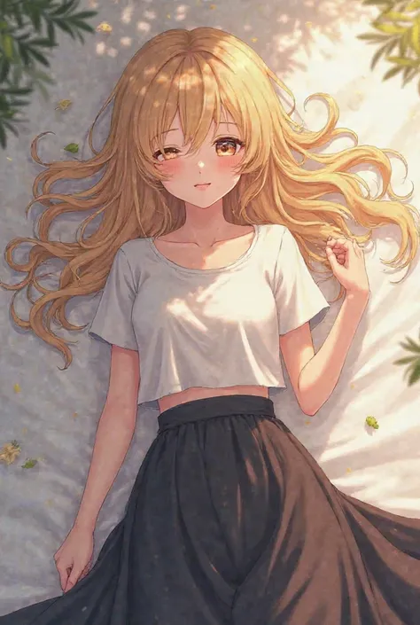 a anime girl with blonde hair, a white croptop and a black skirt. The girl is lying on the ground 