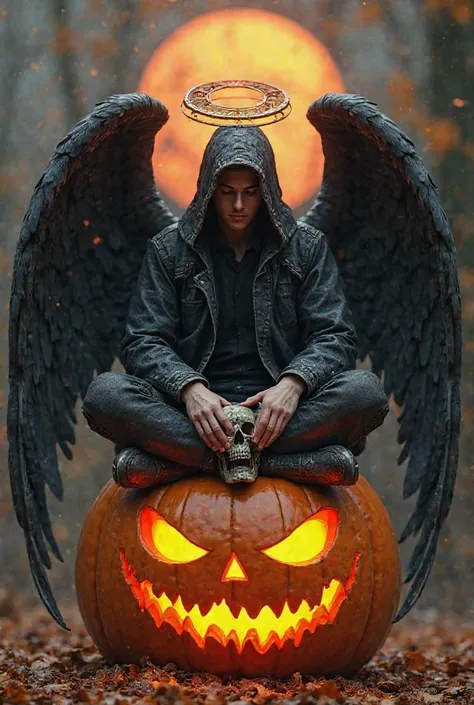 arafed image of a person sitting on a pumpkin with wings, digital art by Ren Bonian, zbrush central contest winner, digital art, the angel of death with a halo, portrait of the angel of death, the angel of death, beautiful male god of death, angel of death...