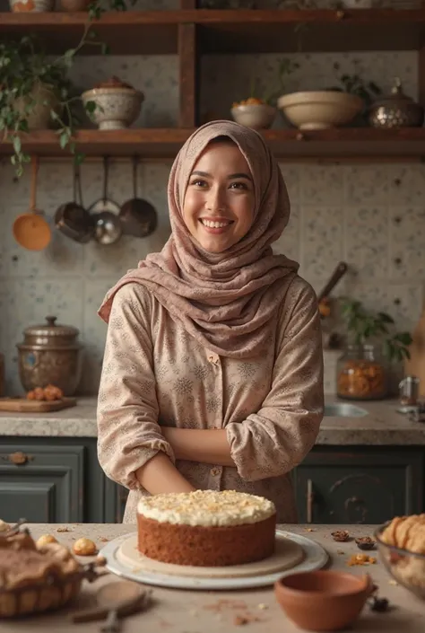 A woman wearing a hijab is baking a cake in her kitchen and laughing.