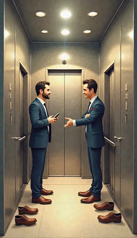 Create 3D Cartoon Style Image Scene 3: A well-dressed businessman enters the elevator, looking at his phone. The four friends exchange glances and suddenly start taking off their shoes, placing them neatly in a row against the elevator wall.