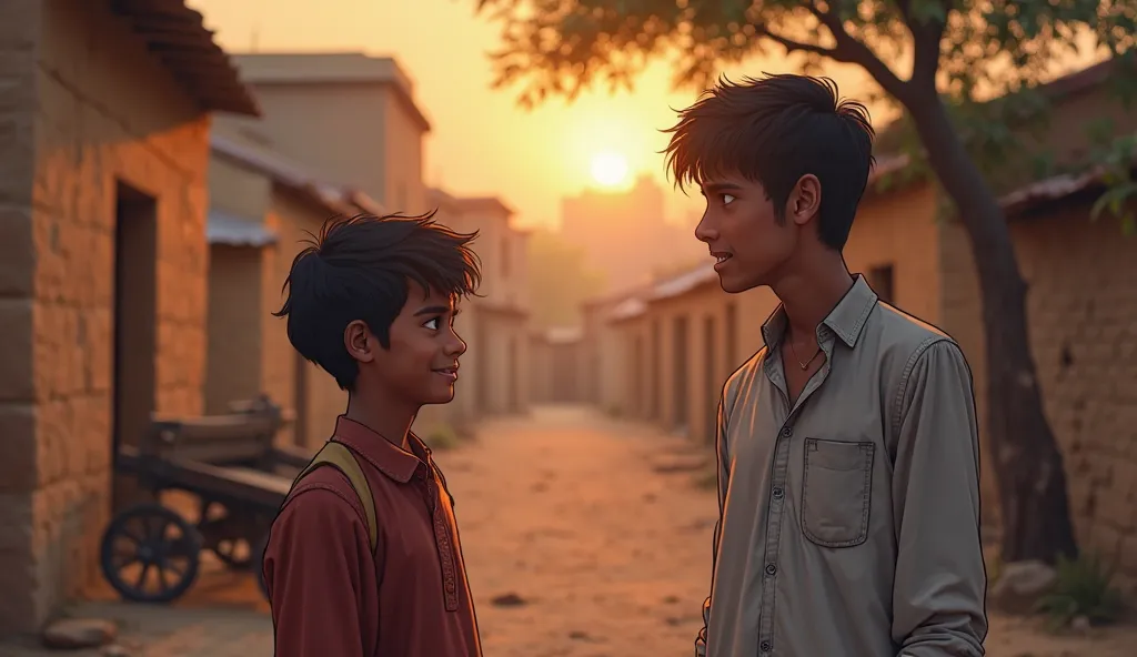 "A 15-16-year-old boy, Qasim, standing calmly in a quiet rural village, his face illuminated by the soft glow of the evening sun. With a gentle smile, he looks at Suleman, who stands tense beside him, and says, 'Bhai, maybe life wants to teach us something...