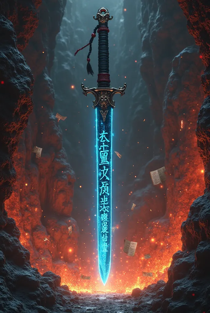 A dark fantasy katana, Kurogami-no-Kotodama ('Spirit of Black Words'), floating in a mystical volcanic cavern. The blade glows with bioluminescent blue kanji that shift like living ink. The hilt is wrapped in ancient scrolls sealed with black wax, and the ...