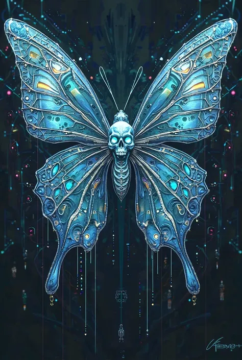 I need a design of a butterfly drawn in the cyber sigilism style, And that on the torso it has a skull drawn