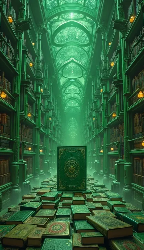 green book fantastic library. Books in every shade of green everywhere. The name of all the books is "GBOOK". In the middle of this entire universe stands a  green book, larger than the other books. It says " GBOOK 25M CLICK " on it. 
Fantastic mystical cr...