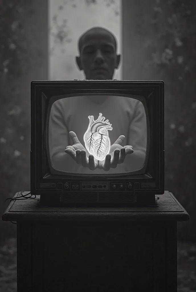 An old television from which a human appears from the screen holding a realistic human heart, in black and white