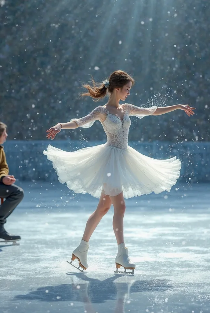 An ice skating girl spins around herself on the ice 19 years old a boy with brown sheet white skin watching her sarisin white skin 34 years old girl skating on the ice rink oglan watches her on the sitting