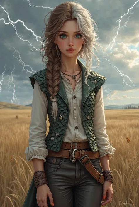 Give me a girl with a slim build, but small in height with hair, half brown and half silver gathered in the form of a braid, dressed in a dragon scale vest and leather pants in the background, I want it to be an open field, But with the clouds cloudy and f...