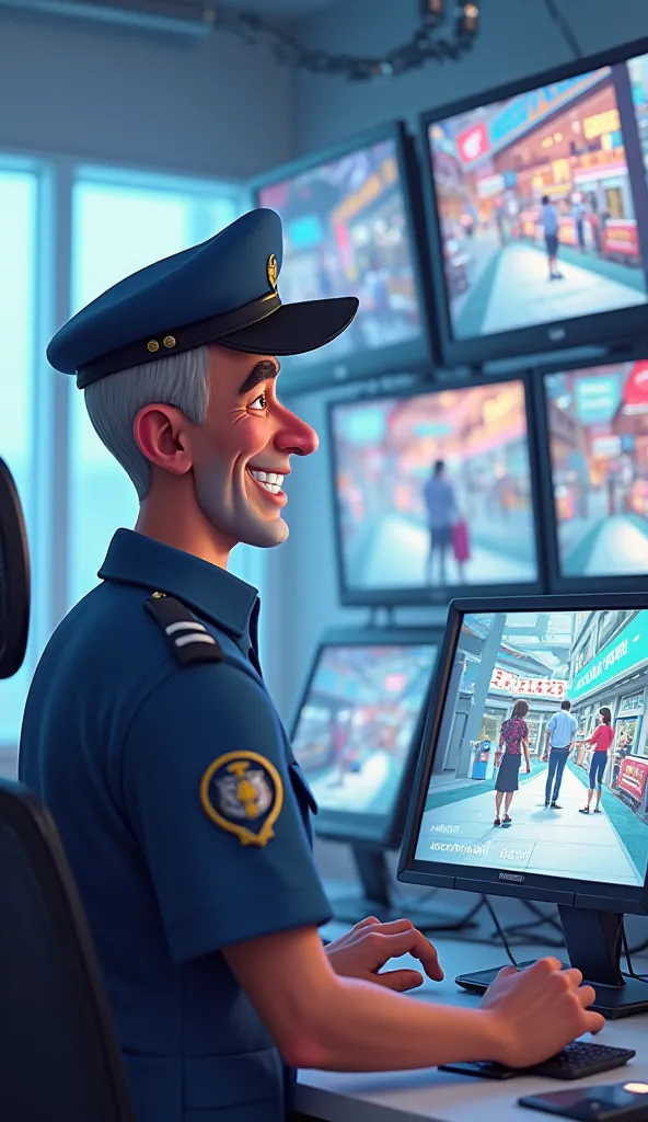 Create 3D Cartoon Style Image Scene .12: A security guard in the mall is shown looking at CCTV footage of the prank, smiling to himself while shaking his head, realizing what just happened.