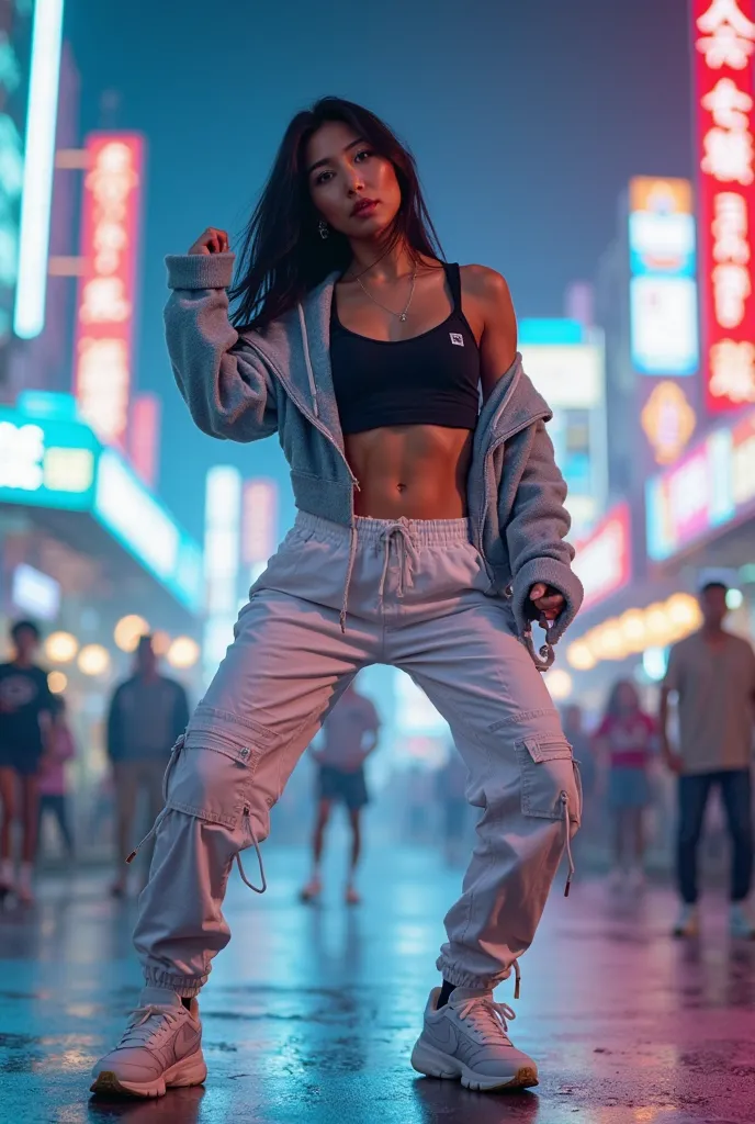 *"A white mature japanese female dancer with a cool and trendy style, solid body big chest, wearing stylish streetwear. He wears a tight hoodie and a sporty tank top, combined with comfortable and fashionable white cargo pants. Modern nike sneakers with st...