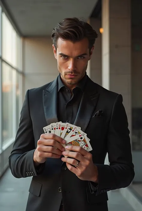 Modern elegant handsome man with magic cards