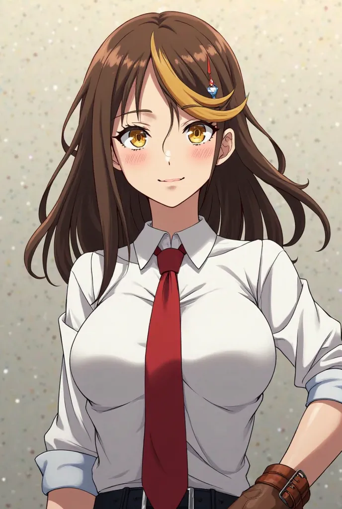  Screenshot of My Hero Academia anime ,beautiful woman,Brown Leather, brown hair with blonde highlights,Yellow eyes,Sarcastic smile,white shirt red tie  