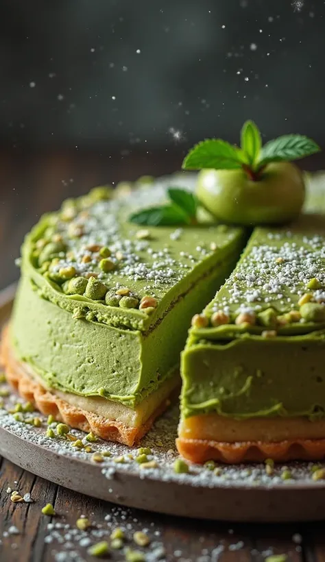 Hgraphic elements, Dynamic Light, Cinematics, HDR, UHD, professional PHOTOGRAPH OF:

Delectable Layers Unveiled
"Visualize a perfectly sliced Matcha Puff Tart, revealing the rich layers of delicate matcha filling and flaky pastry. Capture the steam rising ...