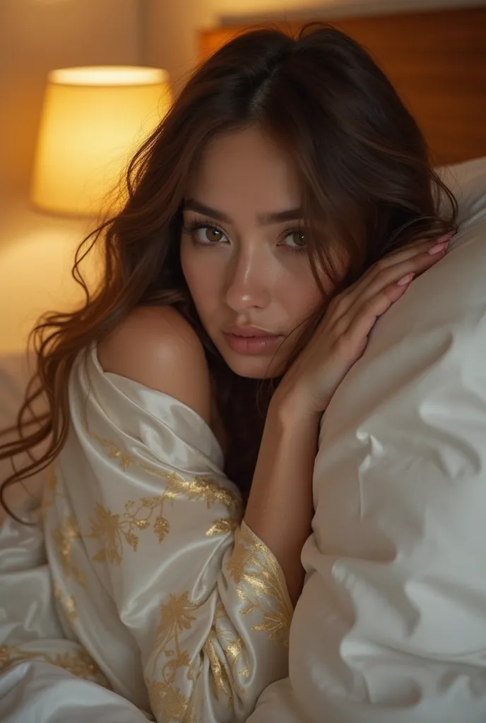  An influencer long brown hair, Canadian,  32 years old, light brown eyes athletic build, dressed in a white and gold satin scarf. night scene in a room illuminated by a yellow table lamp. She is sitting on a soft bed with white sheets. She is hugging a la...