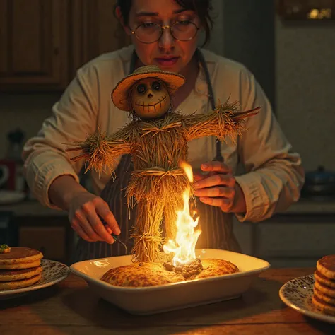 burn a scarecrow on a butter dish and bake pancakes, photorealism,  Emotionally 