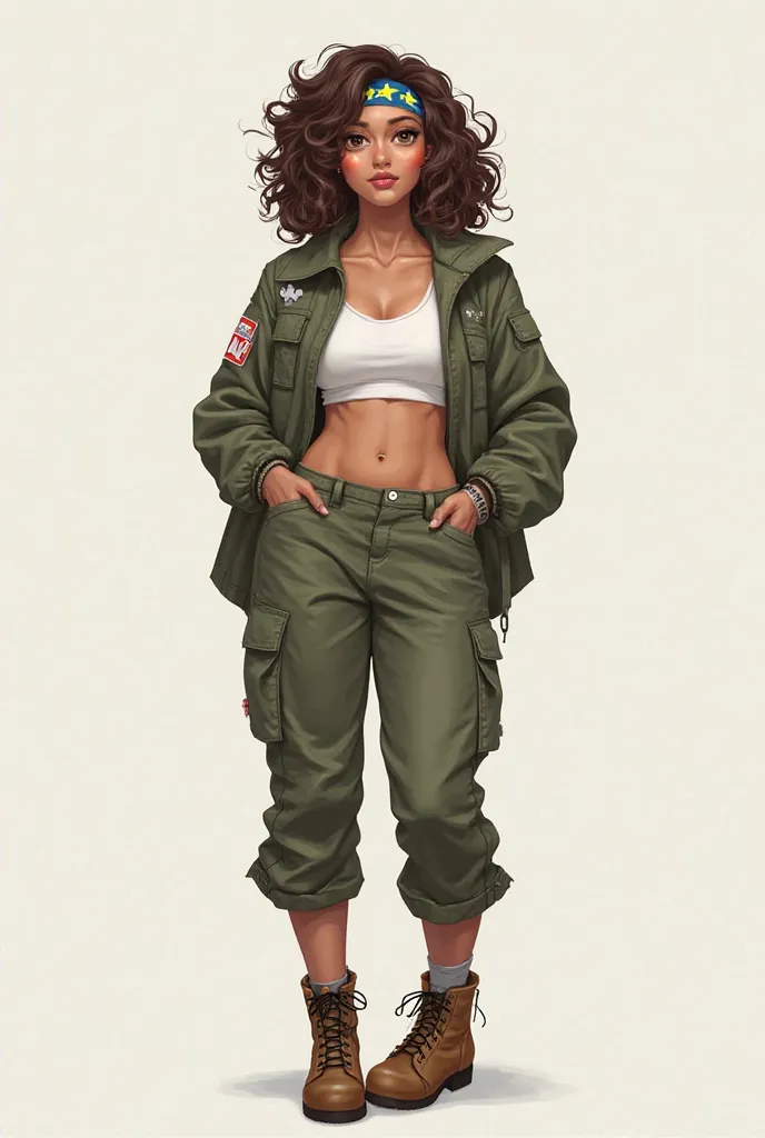 Create a FEMALE character with the following information:

1- She must have brown eyes, she must have 1, 70 in height;
2- her clothes are: Army clothing, But with a white top and preferably with an army coat like a windbreaker with knee-length pants and on...